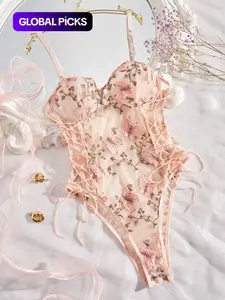 Women's Floral & Butterfly Embroidery Lace-Up Sheer Sexy Bodysuit, Lace Bodysuits, Fashionable Bodysuits, Adjustable Strap Backless Sleeveless Bodysuit for Summer, Fashion Women's Soft Comfy Lingerie for Daily Wear