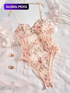 women's floral & butterfly embroidery lace up sheer sexy bodysuit, cute summer wear, elegant backless sleeveless bodysuit for summer, fashion women's clothes for daily wear, lingerie for women, underwear, lady soft comfy lingerie, womenswear
