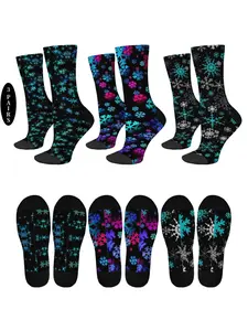3 pairs of men's and women's Christmas theme printed crew socks Harajuku snowflake pattern novelty trendy mid-tube socks couples comfortable warm breathable compression socks suitable for daily leisure sports beach party wear partner friend holiday gifts