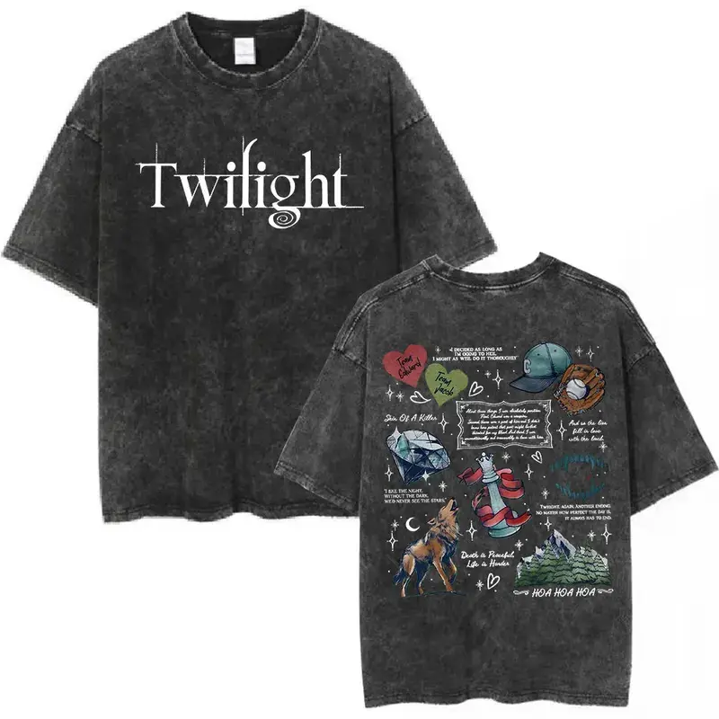 Men's Washed Vintage Twilight Movie Vampire Wolf Romance Graphic T-Shirt - Edward Cullen, High-Quality Cotton, Short-Sleeve, Basic Minimalist Streetwear, FT-Q011768-Black (Women's Sizing Available)