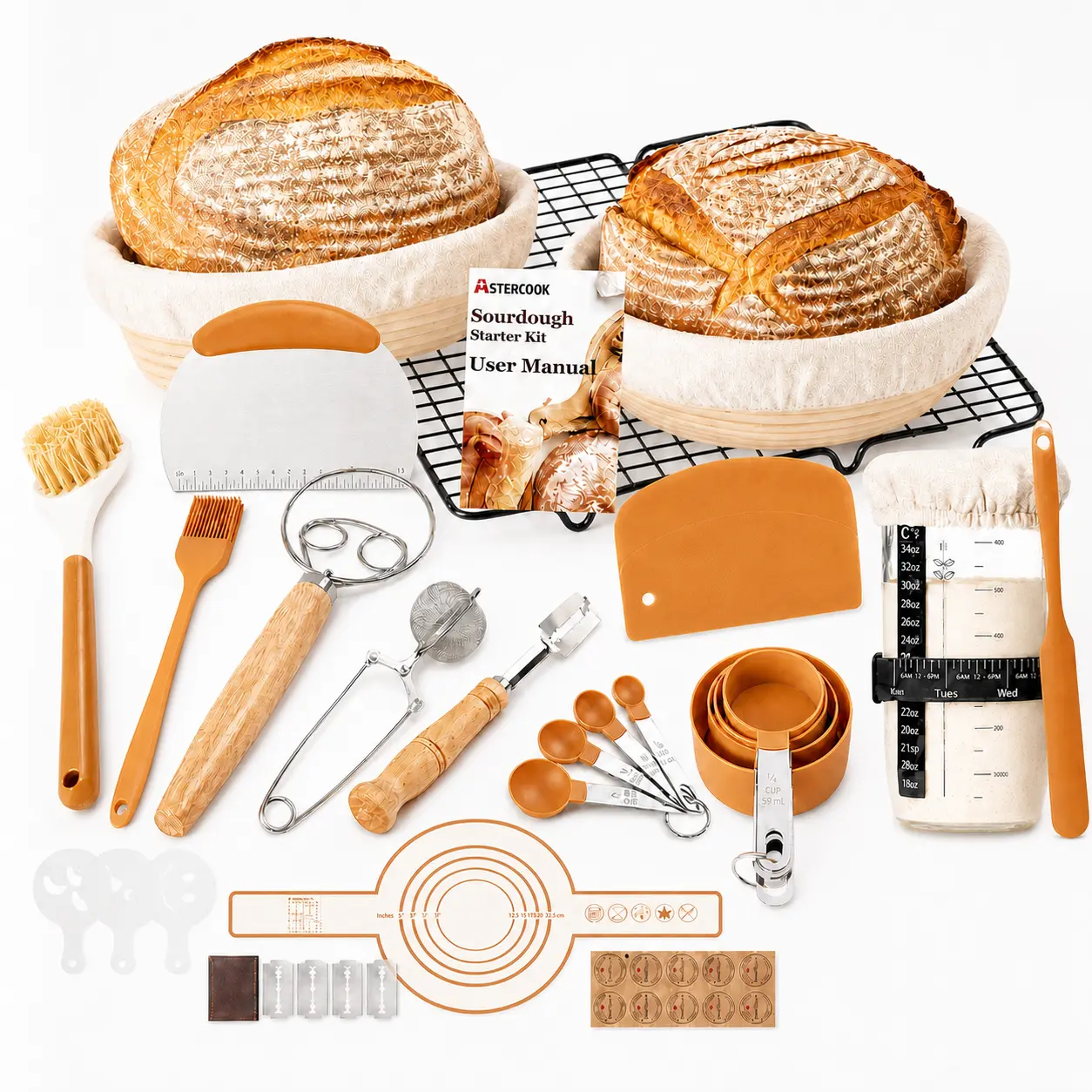 Astercook Sourdough Bread Baking Kit with Banneton Proofing Baskets, Starter Jar, Bread Lame, Dough Whisk and Scrapers for Beginners and Home Bakers