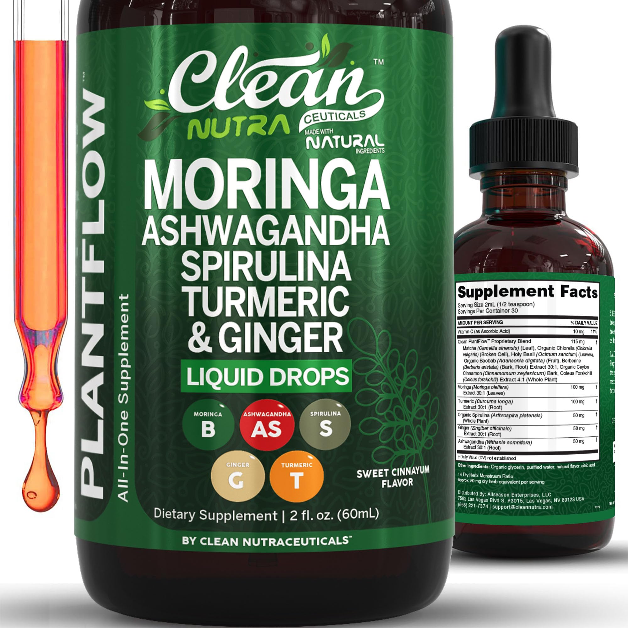 Clean Nutra Moringa, Ashwagandha, Spirulina, Turmeric & Ginger for Energy, Lactation & Daily Wellness Supplement - Plantflow