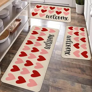 2/3pcs Valentine's Day decoration kitchen carpet, beige with red and pink dual color heart print pattern carpet, Decorative Rug Mat, non slip, soft, comfortable and easy to clean, suitable for bedroom, living room, kitchen, bathroom entrance foot mats,