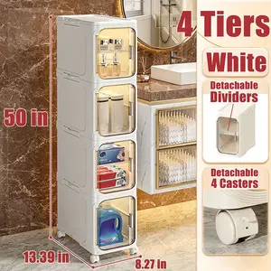Slim Cabinet Transparent Visible Door Magnetic Design Foldable No Installation Mobile Wheels Compact Space Organizer