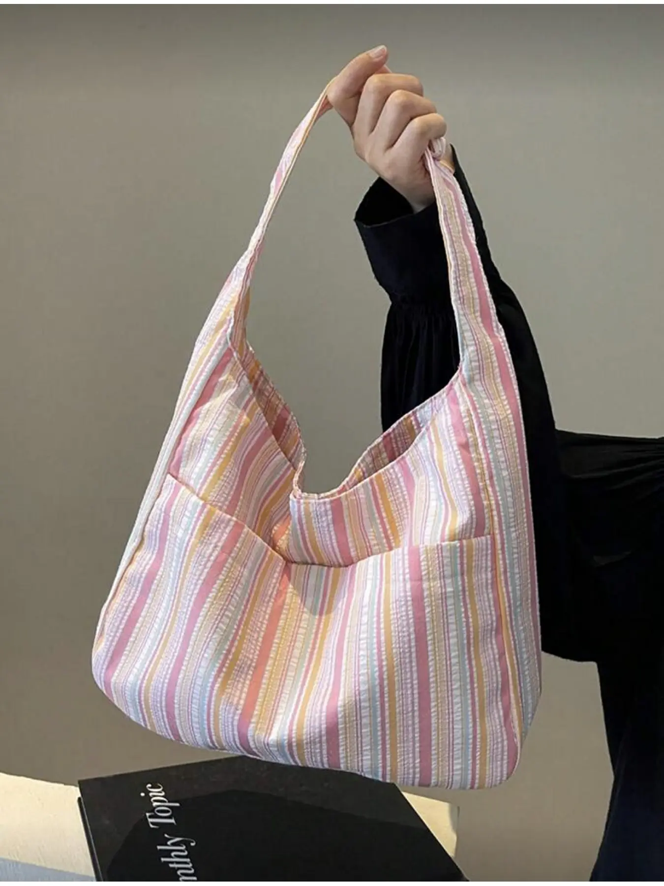 Large Capacity Women's Canvas Handbag, Casual Striped Tote Bag, Pink Versatile Everyday Bag, Canvas Bags