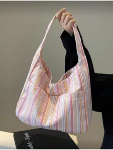 Large Capacity Women Canvas Handbag Crossbody Bag Casual Trendy Bag Striped Tote Bag Pink