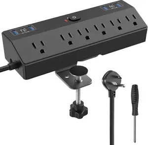 Desk Clamp Power Strip 2 USB C Desktop Mount Outlet  Station, 10FT Extension Cord Flat Plug with 6 AC, Removable 40W Fast  Surge Protector Power Strip Fits 1.8" Office Tabletop Edge