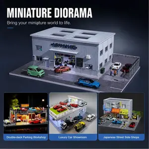 Diorama 1:64 Scale Car Garage Model with LED Lighting Japanese Supermarket City Building Car Parking Lot Scene Display Model Die-Cast Car Collection Toys Gift for JDM Style Collector