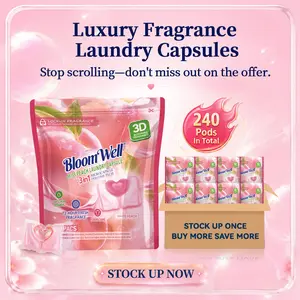 BloomWell Miss Peach Laundry Pods 8 Bags 240 Count Mega Bulk Family Pack Long Lasting Peach Scent Microcapsule Fragrance Deep Stain Odor Remover HE Compatible Household Laundry Capsules