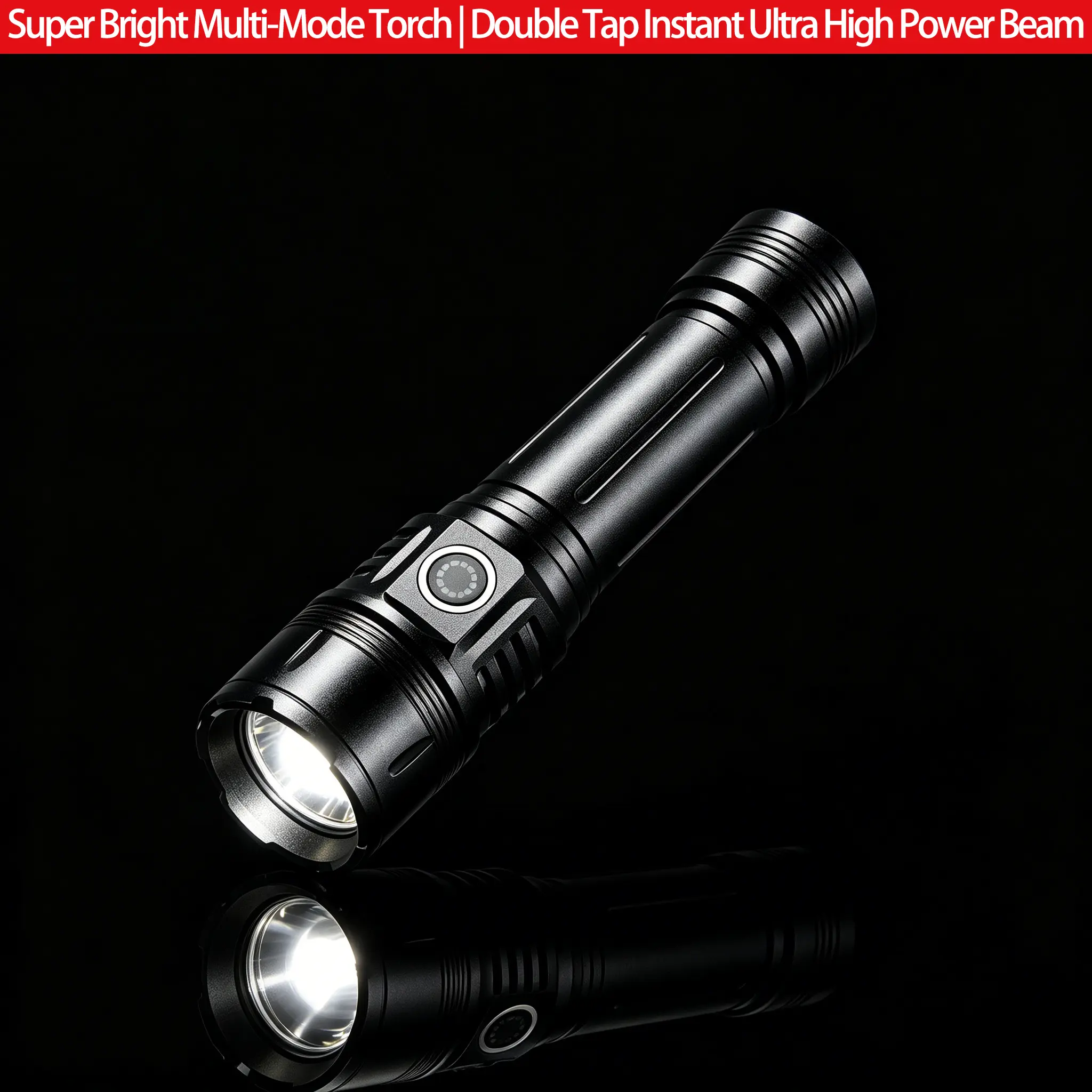Super Bright Multi-Function Emergency Tool, Rechargeable Tactical LED Flashlight with Double Tap Turbo Beam for Camping, Home Repair & Outdoor Survival