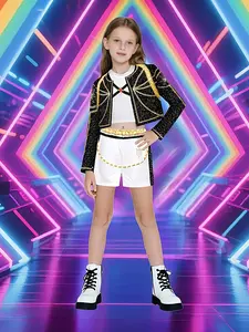 Girls Kpop Stage with Gold Sparkly Random Print Short Jacket, Vest and Shorts Set, Fitted Playful Jazz Dance Clothing for Performance