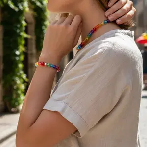 Dopamine Rainbow Beaded Choker, UV Reactive Waterproof Stainless Steel Summer Jewelry tiktokshopspringglowup