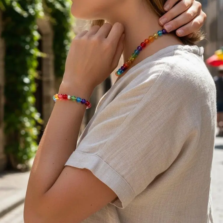 Dopamine Rainbow Beaded Choker - 16 Inches Main Chain, UV Reactive, Waterproof Stainless Steel, Lightweight, Versatile Styling, Interactive Costume Jewelry with Elastic Bracelet for Summer
