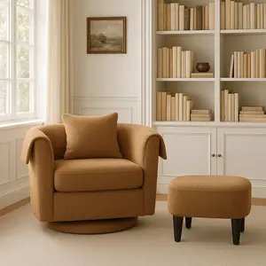 Stylish Yellow Swivel Accent Chair & Ottoman Set - Modern Chenille Barrel Armchair with Removable Back Pillow for Living Spaces