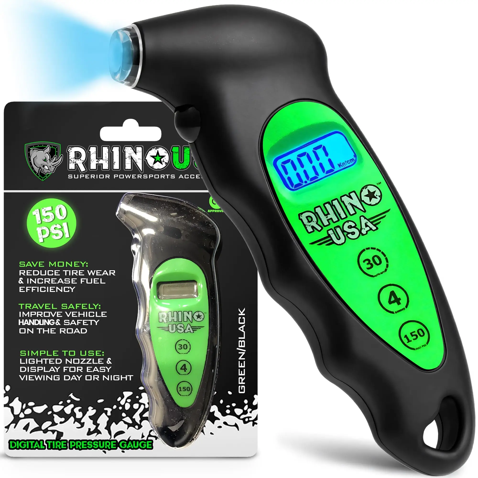 Rhino USA Digital Tire Pressure Gauge 150 PSI, 4 Ranges, Ergonomic Design w/Lighted Nozzle & LCD Backlit Display - Certified Accurate Readings