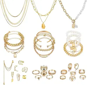 36 PCS Gold Plated Jewelry Set with 4 PCS Necklace, 11 PCS Bracelet, 7 PCS Ear Cuffs Earring, 14 Pcs Knuckle Rings for Women Girls Valentine Anniversary Birthday Friendship Gift