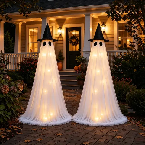 2Pack Halloween Decorations Outdoor, 5FT Adjustable Light Up Standing Ghosts with Remote Control, Wind-Resistant Large Outdoor Ghost Decor for Porch, Yard, Lawn & Garden