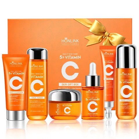 Unisex Korean 6-Piece Box-Packed Adult Skincare Kit - Hydrating Repairing Formula with 5X Vitamin C, Hyaluronic Acid; Cleanser, Serum, Lotion, Cream - Vegan, Moisturizes, Smooths, Brightens Dull Tired Skin, Boosts Glow, Targets Dark Eye Circles, Hydrate