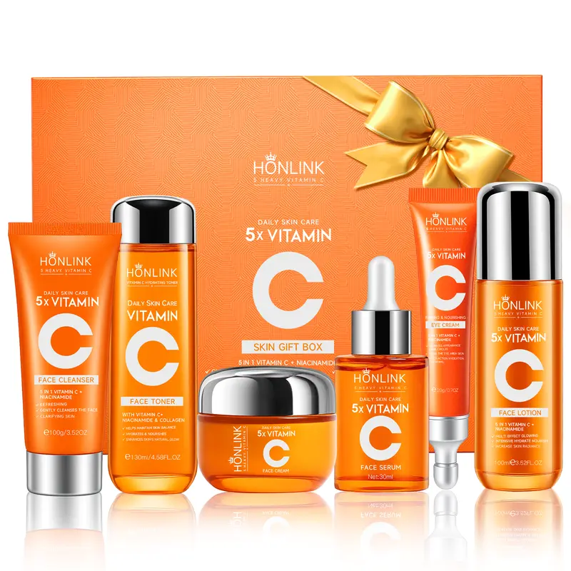 Unisex Korean 6-Piece Box-Packed Adult Skincare Kit - Hydrating Repairing Formula with 5X Vitamin C, Hyaluronic Acid; Cleanser, Serum, Lotion, Cream - Vegan, Moisturizes, Smooths, Brightens Dull Tired Skin, Boosts Glow, Targets Dark Eye Circles, Hydrate
