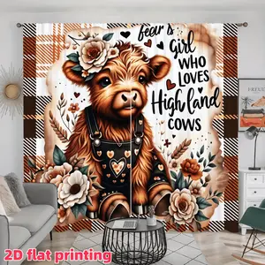 2D Flat 2Pcs Cartoon Highland Cow Print Curtains with Plaid Trim, Flower Pattern Window Drapes, Rod Pocket Style, Semi-Sunshade Privacy Protection for Living Room, Bedroom, Dining Decor, Accessory, Home Textile