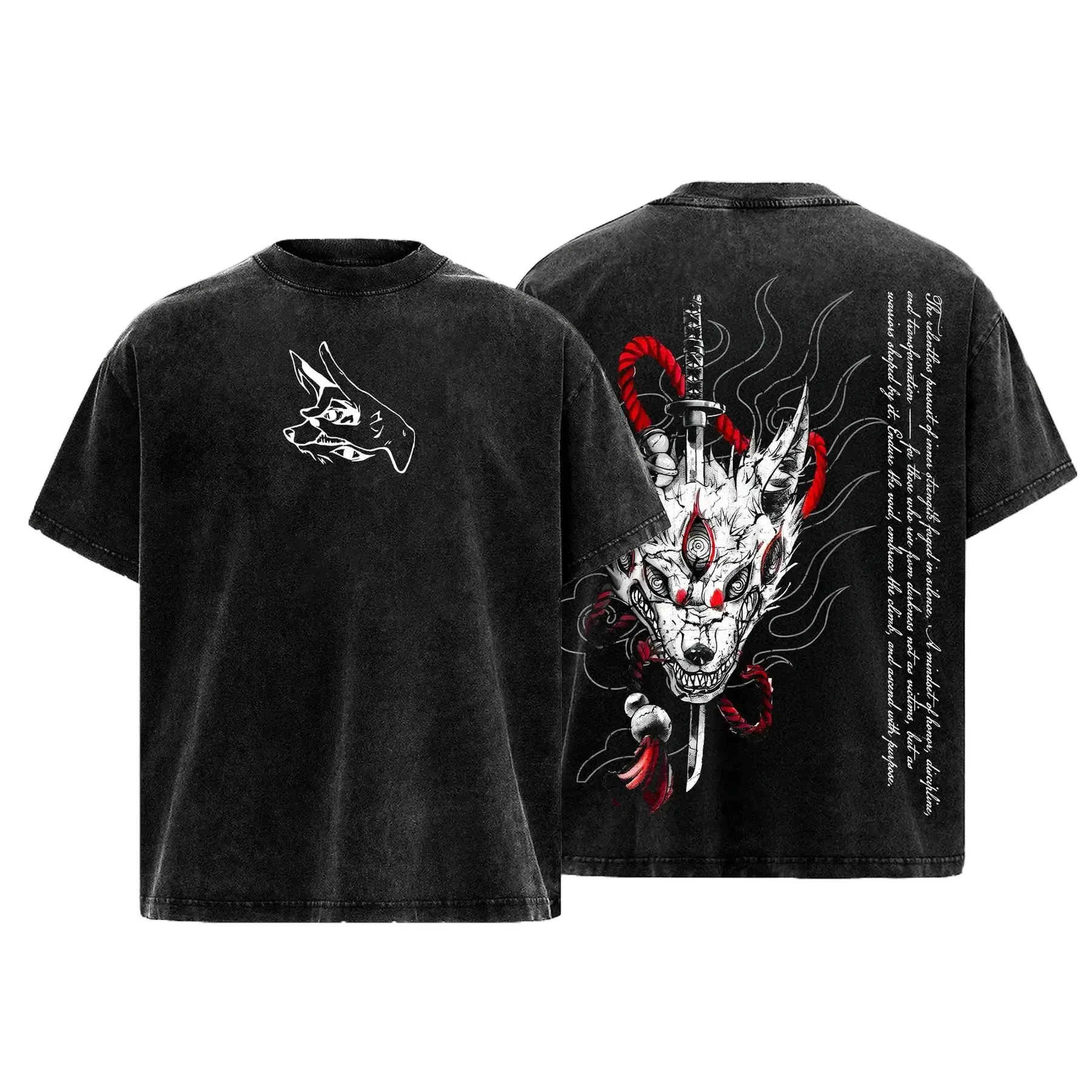 Men's Chainsaw Man Fox Devil Vintage Washed Oversized Heavy Cotton T-Shirt - Double Printed Unisex Streetwear Retro Graphic Clothes, Apparel Gift for Otaku Fans (Menswear Short-Sleeve Top)