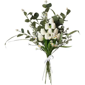 22pcs Real Touch Fake White Tulips Bouquet with Eucalyptus & Daisies, Artificial Flowers for Farmhouse Dining Centerpiece, Wedding & Mother's Day Decor (No Vase)