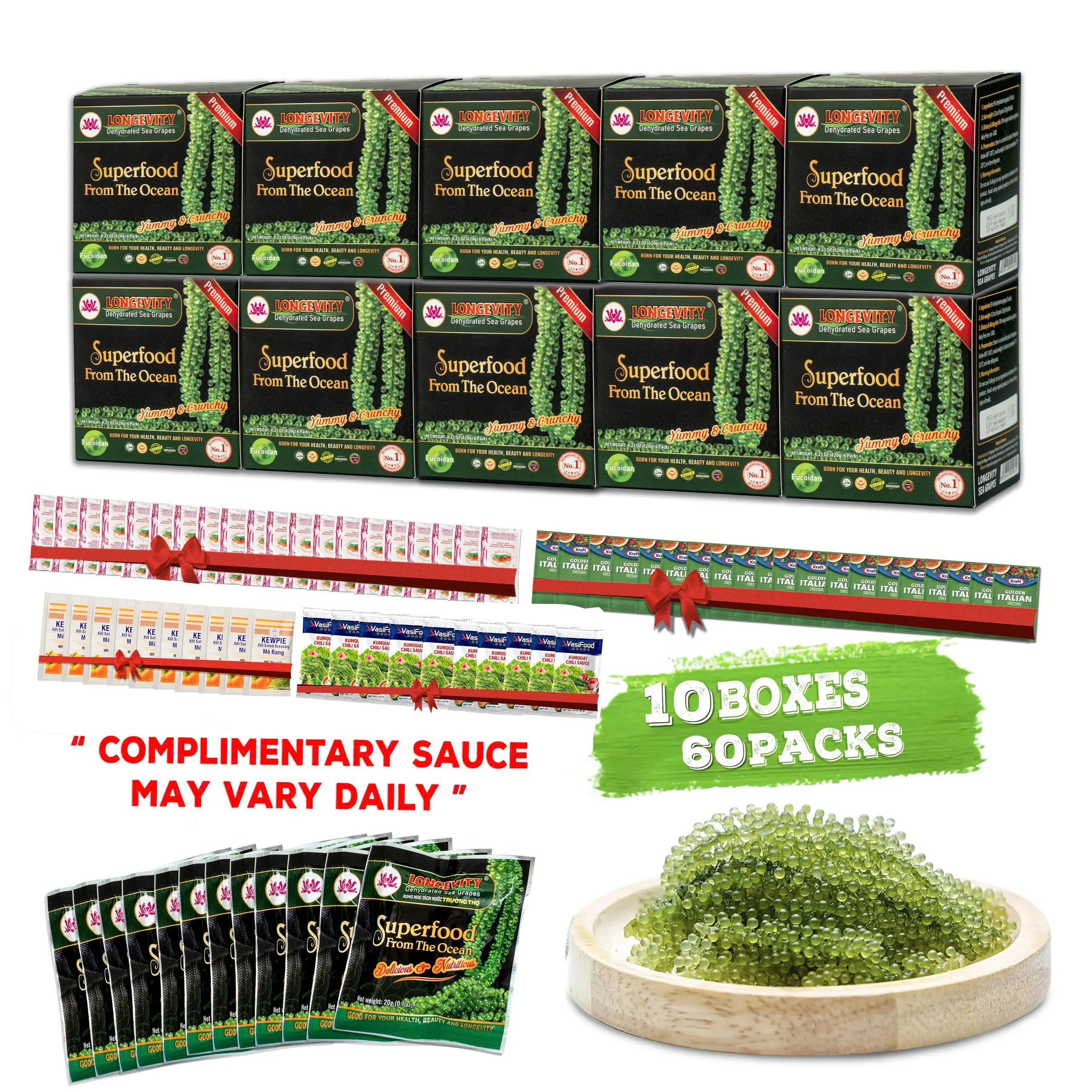 10 BOXES Longevity Dehydrated Sea Grapes - COMBO 10 BOXES 60 Packs Green Caviar Umibudo Latok Seaweed Organic Premium Quality Crunchy Flavor Superfood From The Ocean