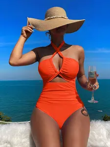 One Piece Cross Hanging Neck Hollowed Out Beautiful Back Slim Fit Sexy Beach Vacation Swimsuit For Women