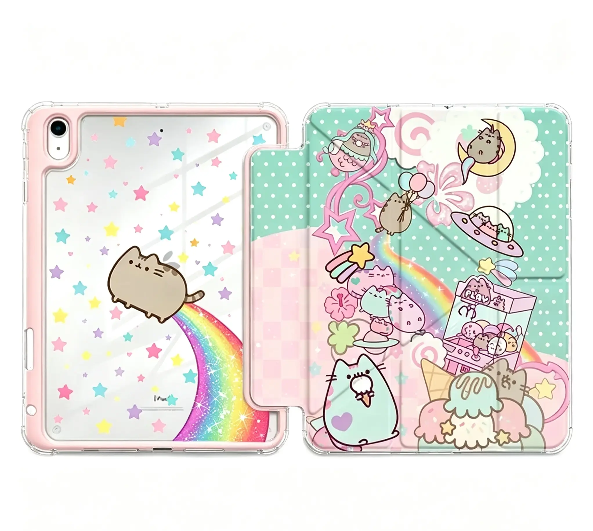Pusheen Cute Rainbow Cat & Arcade Claw Machine Style | Colorful Star Clear Back & UFO Alien Kitten Graphic | Kawaii Pastel Dreamy Aesthetic Tablet Case Cover | for iPad Air/Pro/Mini 10.2 10.9 11 13 inch, suitable for both men and women, Perfect Gift