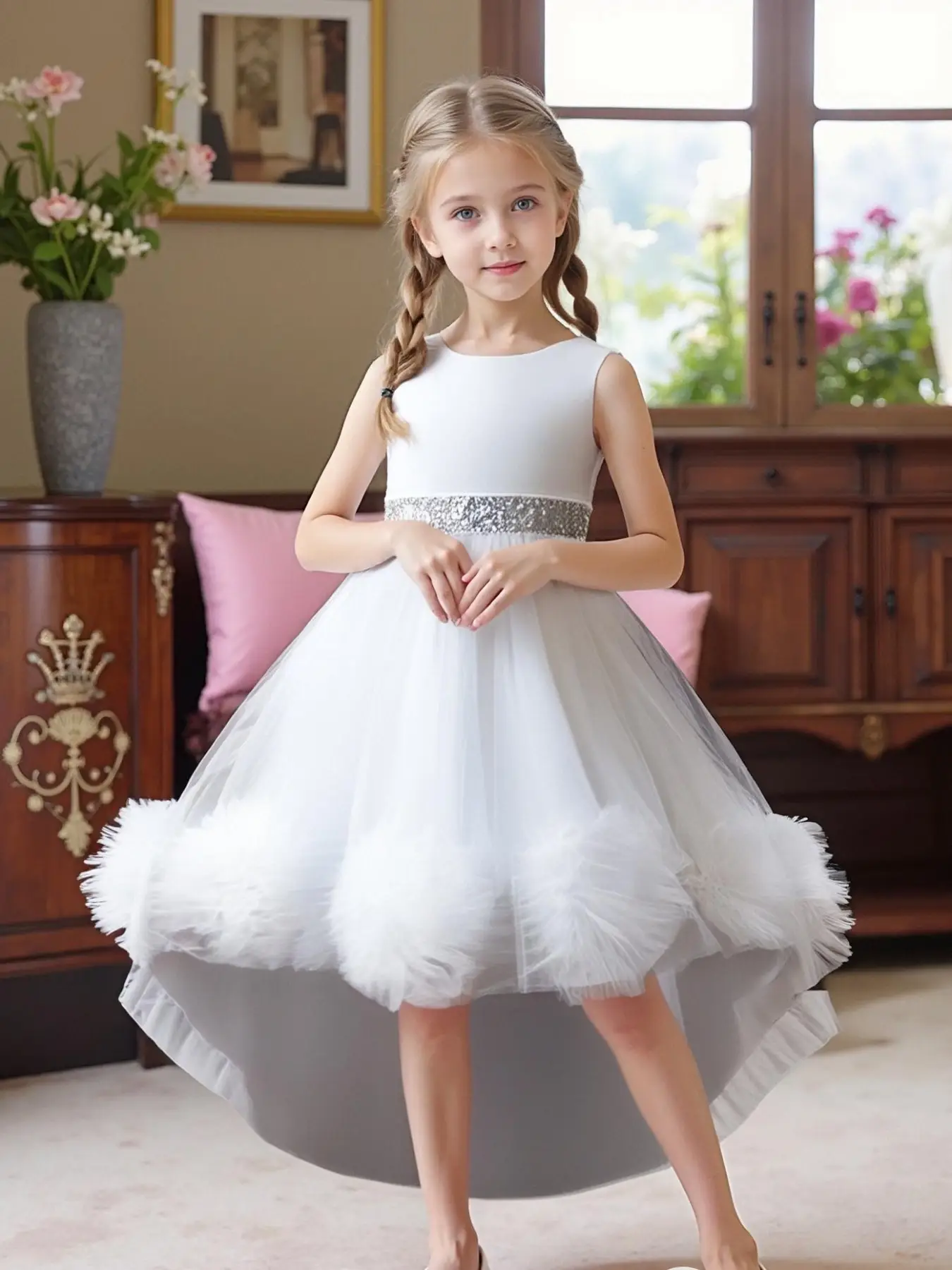 Girl's Glitter Contrast Mesh Tulle Dress, Elegant Fluffy Trim Princess Dress for Party Performance Show Wear, Kids Clothes for Summer