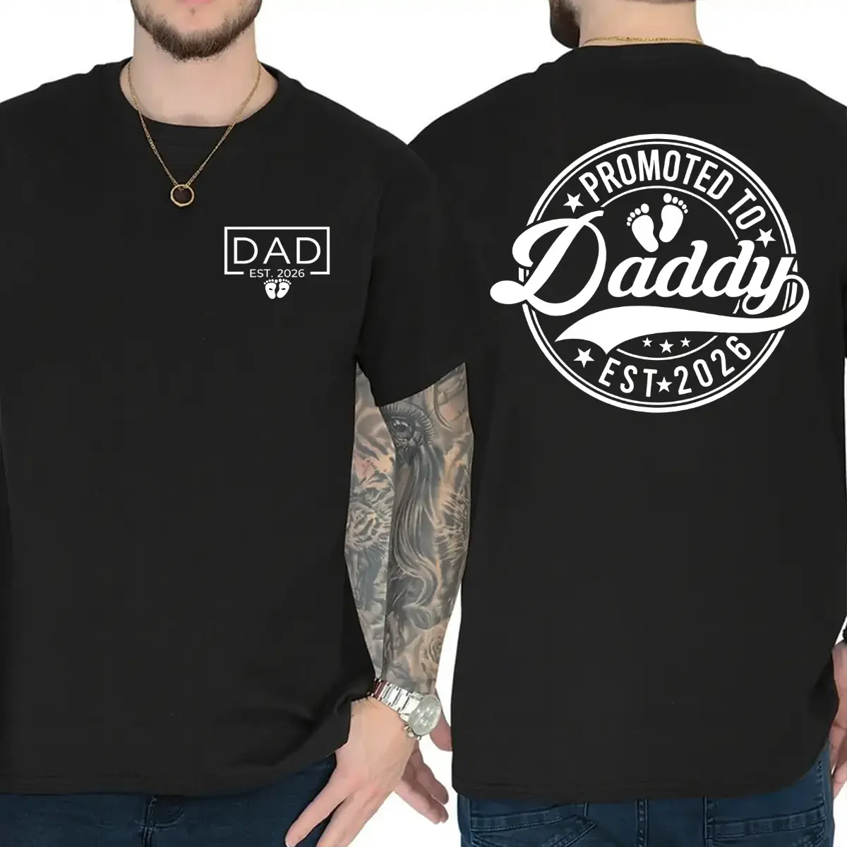 Men's 'Promoted to Daddy Est. 2026' Aesthetic Graphic T-Shirt, Breathable 100% Cotton Short Sleeve Design for New Dads, Baby Announcement Gift, Streetwear, Tops, Shortsleeve, Cargo, Fashion, Oversized, Casual, Classic, Retro, Menswear, Tee, Minimalist, Lo
