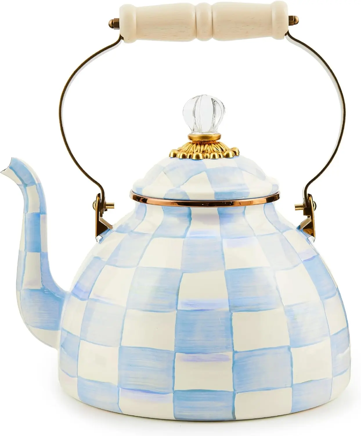 MACKENZIE CHILDS Stylish Enamel Tea Kettle with Wooden Accents, Glass-Enhanced Decorative Stovetop Kettle, 3 Qt Light-Blue-and-White Sky Check