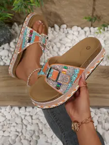 Women's Boho Style Rhinestone Thick Sole Sandals, Adjustable Strap Holiday Flat Shoes, Multiple Colors Available, Fashion Slippers