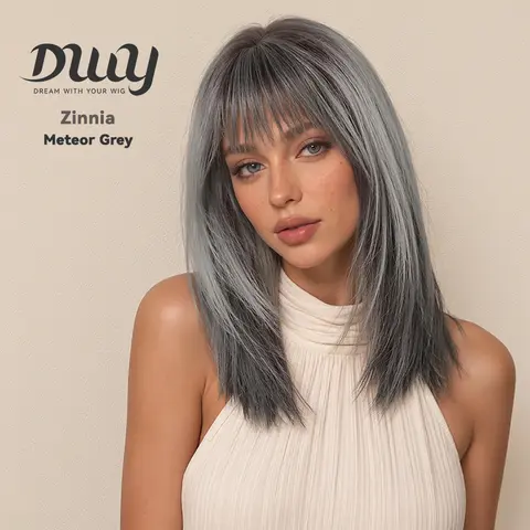 Zinnia -DWY Mid-length Tea Brown Layer-cut Stright with Bangs Glueless Synthetic Wig for Women 16 Inches
