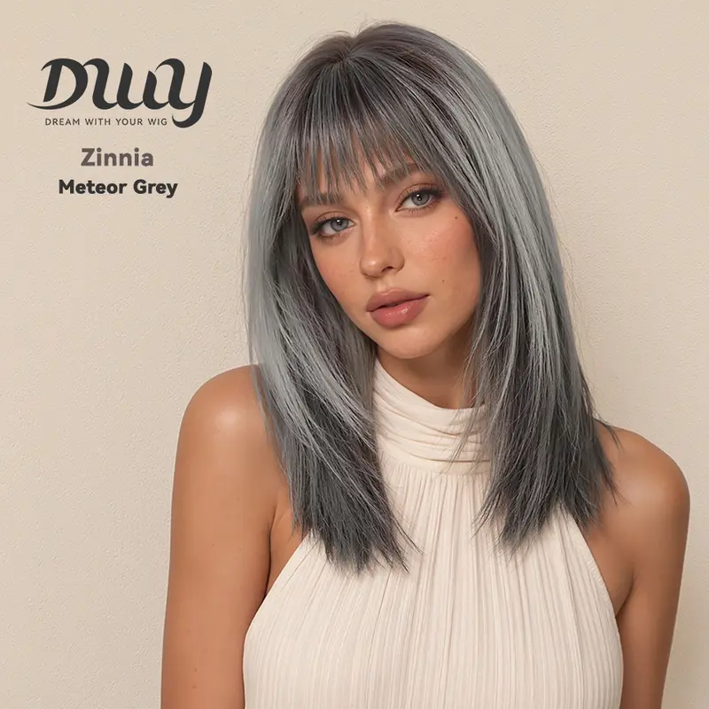 Zinnia -DWY Mid-length Tea Brown Layer-cut Stright with Bangs Glueless Synthetic Wig for Women 16 Inches