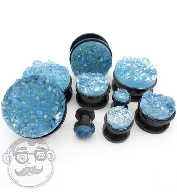 Black Steel Plugs With Aqua Blue Druzy Stone Inlay