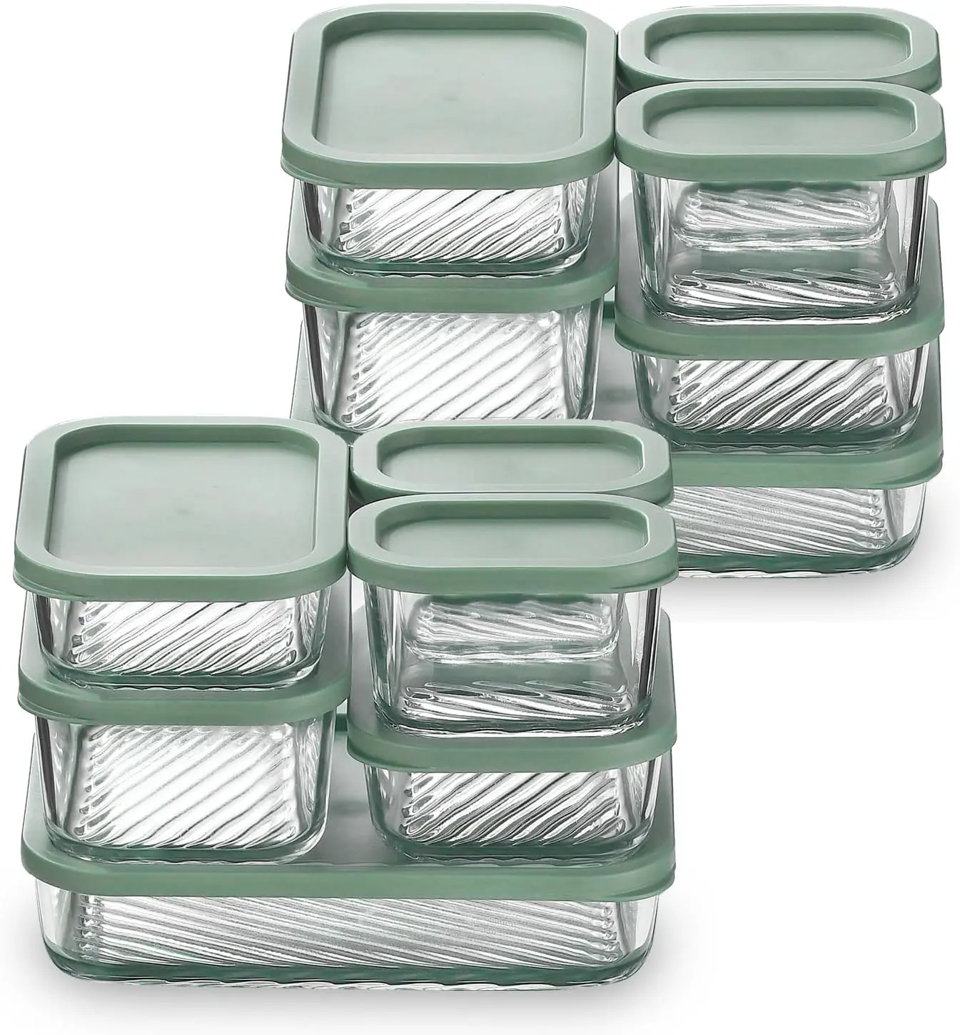 EATEX 12 Pack Glass Meal Prep Containers with Grooved Base, 12 Stackable BPA Free Glass Storage Containers with Lids for Lunch, Pantry, and Kitchen - Microwave, Dishwasher Freezer & Oven Safe - Sage