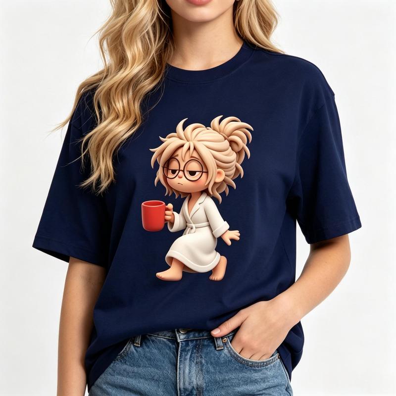 Women's Oversized Navy T-Shirt - Cute Kawaii Sleepy Robe Coffee Mug Glasses Graphic, Short Sleeve, Soft Comfortable Fabric, Casual Trendy Aesthetic Streetwear Top, Suits Cozy Outfits