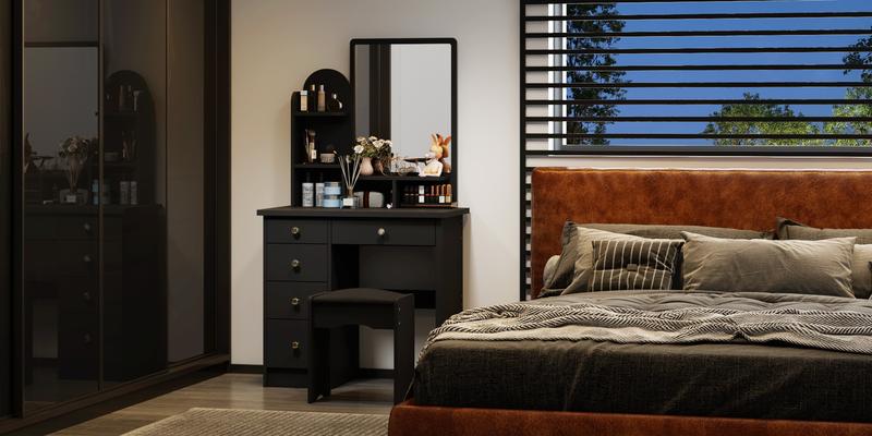 FUFU&GAGA LED Makeup Vanity Set with Drawer and Shelf, Wood Dressing Table with 3 Lighted Screen Mirror, Girls Makeup Vanity Table