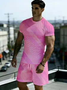 Summer Collection Men's 2-Piece Shorts & T-Shirt Set, 3D All-Over Print Pink Gradient Dots & Lines Pattern, Loose Breathable Casual Sports, Athleisure Wear Set, Trendy Versatile Tee & Casual Sports Set