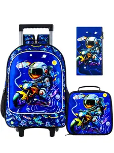 3PCS Astronaut Rolling Backpack for Boys, Kids School Backpacks with Wheels, Water Resistant UV Printed Roller Wheeled Bookbag Set, Backpack with Designs