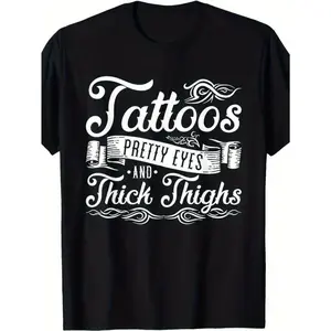 Plus Size - Women'S Plus Size Tattoo-Themed Oversized T-Shirt - "Tattoos Pretty Eyes & Thigh Thighs" Slogan & Eye-Catching Thigh Tattoo Design - 180gsm Heavyweight Round Neck Short Sleeve Casual Top - Machine Washable All-Season Statement Tee for Ha