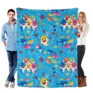 Baby Shark Cartoon Flannel Blanket, Kids Blanket Soft Funny Throw Blanket Cozy Lightweight Plush Portable Cover Blanket for Sofa Bed Travel, Warm Gift for Birthday Christmas, Multiple Use blankets bedding bed accessories soft elastic breathable