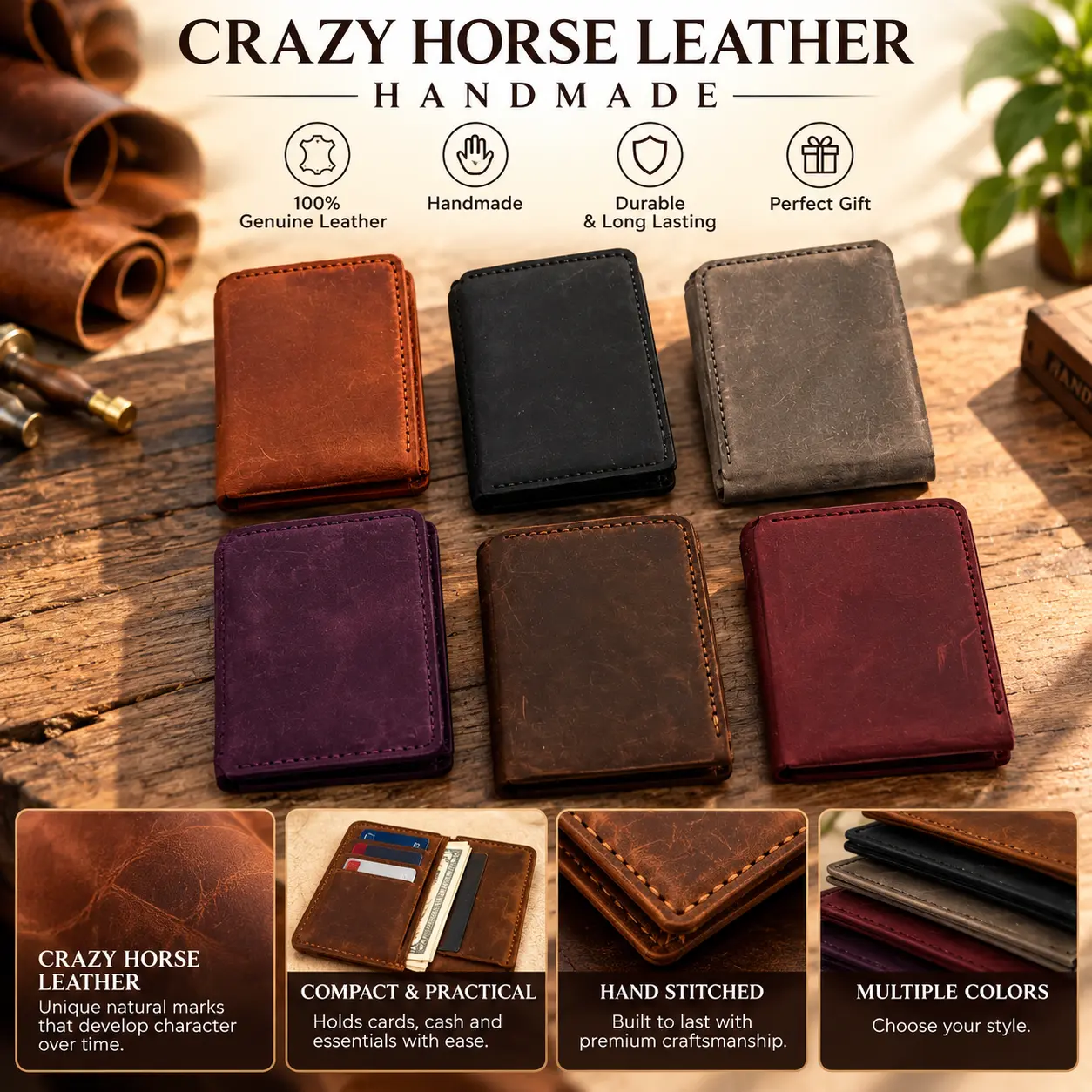 Crazy Horse Leather Handmade Wallet - 100% Genuine Leather, Compact & Practical, Hand Stitched, Multiple Colors, Perfect Gift
