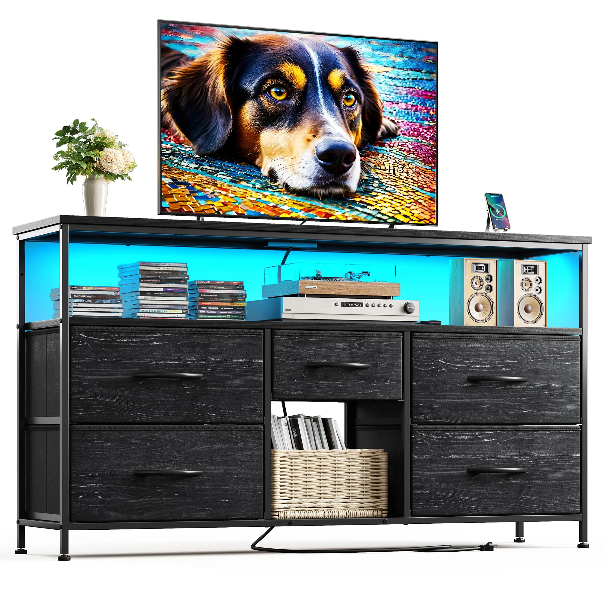 【Storage TV Stands】Raybee 30'' H Dresser with 5-8 Drawers,Old School & Chill Vibe TV Stands with Cabinets for Living Room with LED & Charge Station(2 USB Ports & 2 Power Outlets), Match 50 Inches TV,Combining Aesthetics with Practicality, Modern Tv Stand,