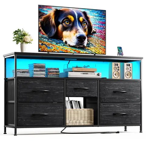 Raybee Sturdy LED TV Stand - 30in H Drawered Dresser with 5 Deep Drawers, Durable Metal Frame, Built-In Charge Station (2 USB Ports, 2 Power Outlets), TV Cabinet Table, Apartment Living Room Tables for Small Spaces
