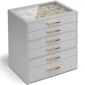 Vlando 6 Layer Jewelry Box for Women, Glass Lid Jewelry Organizer with 6 Drawers for Necklaces Rings Earrings Bracelets
