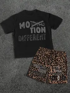 "Motion Different" Leopard Print T-Shirt and Shorts Set | Hip Hop Streetwear Two-Piece Outfit