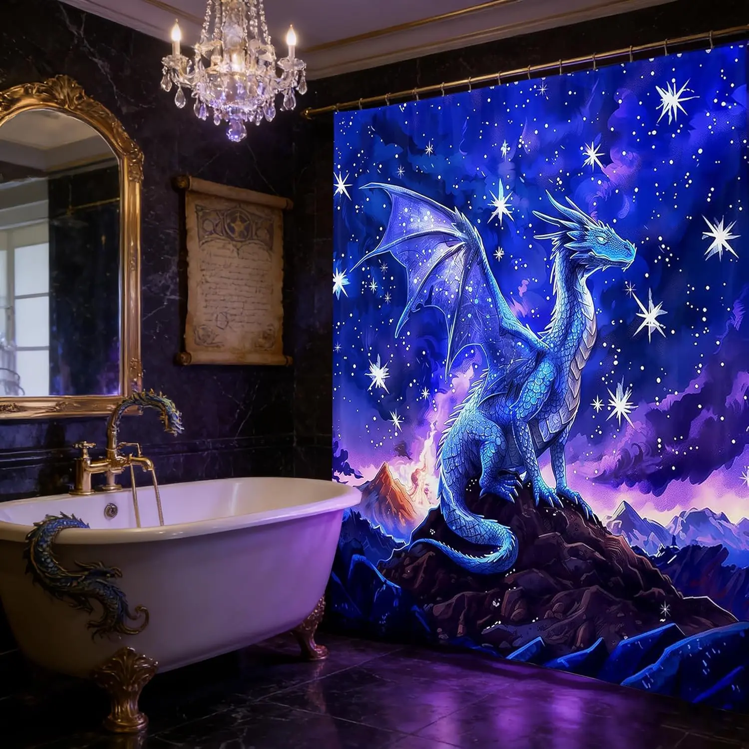 Dragon Shower Curtain,Cool Galaxy Bathroom Curtains,Purple Blue Starry Sky Bathroom Curtains,Magical Style Waterproof Curtain,Western Magical Dragon Bath Decor,