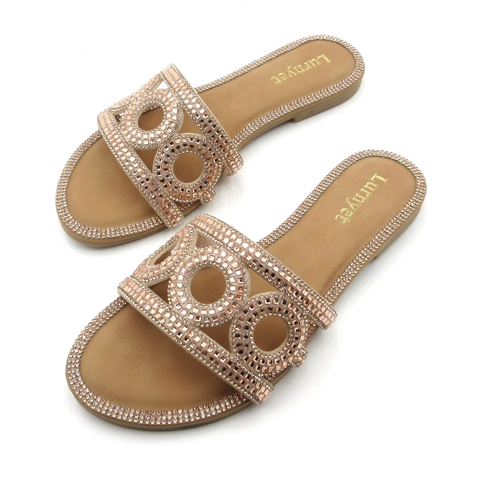 Women's Fancy Flat Sandals Sparkly Glitter Rhinestone Circle Design Slide Open Toe Footwear Slip-on Girl Fashion Comfortable Summer Casual Dressy Shoes Inodor Outdoor Slippers for Wedding Party Daily Wear